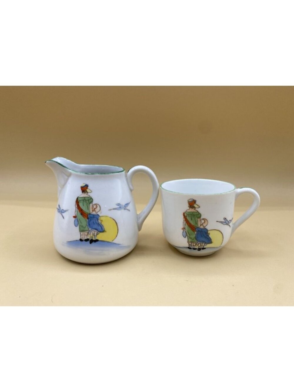 Nippon Japan Children’s Cup & Milk Pitcher Mother & Child Walking Away Sunset